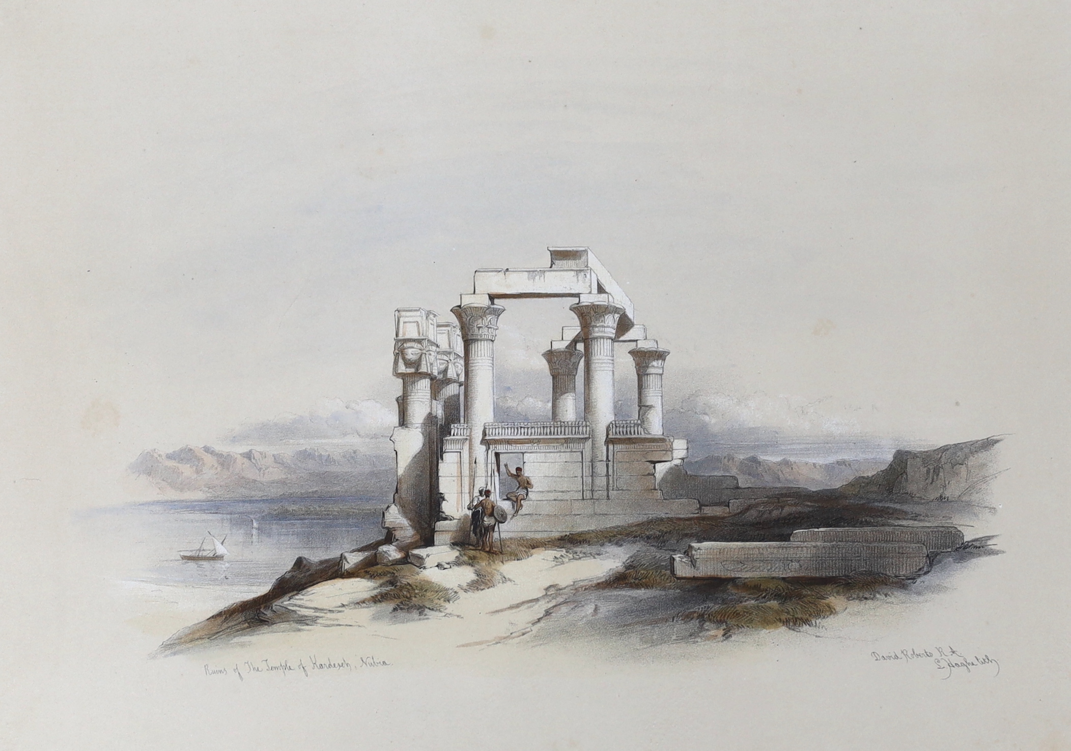 David Roberts (Scottish, 1796-1864), colour lithograph, 'Ruins of the Temple of Kardeseh, Nubia', publ. F.G. Moon, 1st July 1848, text verso, 28 x 38cm